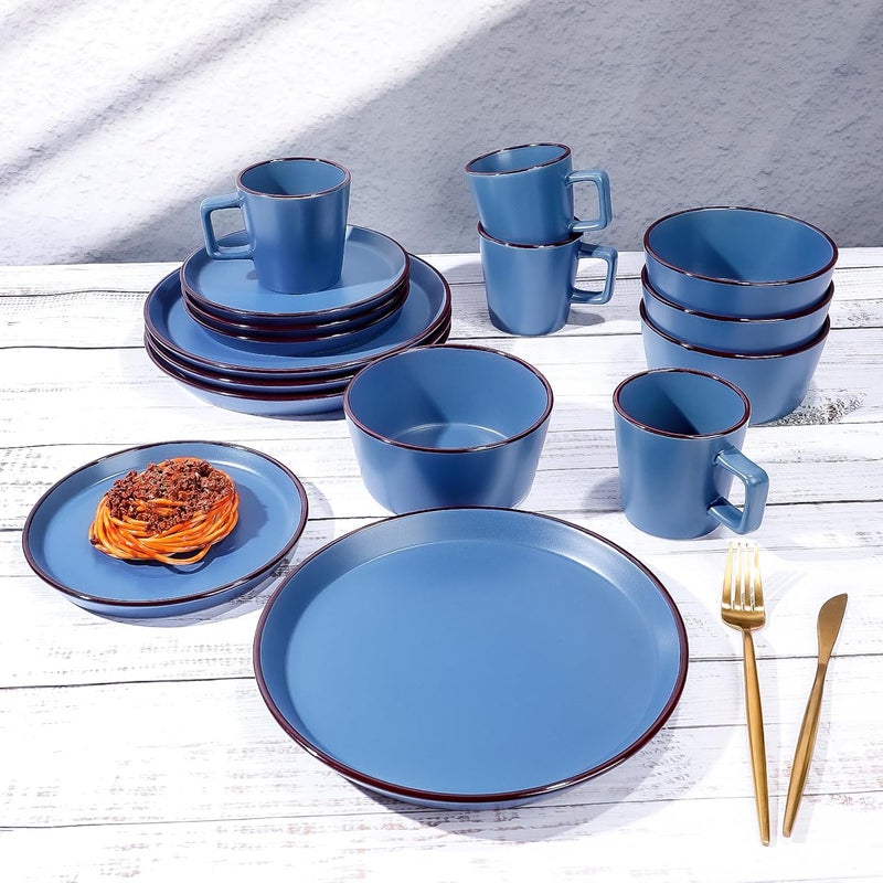 GOOD ALWAYS Plates and Bowls Sets 16 Pieces Dinnerware Sets Service For 4 Blue - Image 5