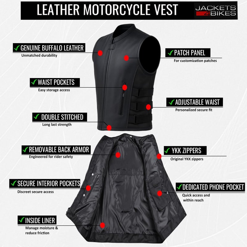 Jackets 4 Bikes Men's Armor Motorcycle Leather Adjustable Vest - Stylish Black - Image 5