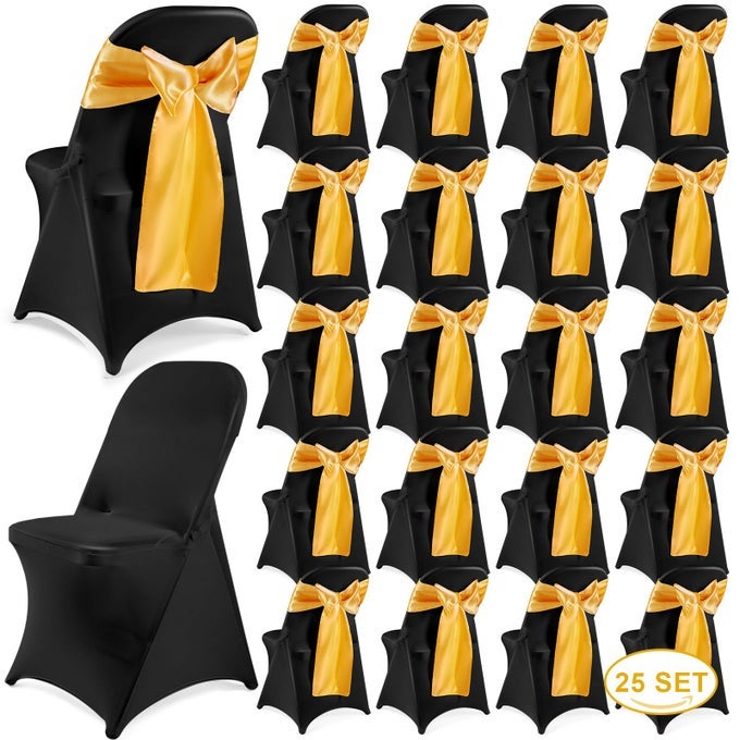 50 PCS FOLDING CHAIR COVER SET WITH 25 STRETCH SPANDEX SLIPCOVERS 25 SATIN CHAIR SASHES BOWS RIBBON WASHABLE BANQUET PROTECTOR FOR WEDDING EVENT PARTYBLACK GOLD