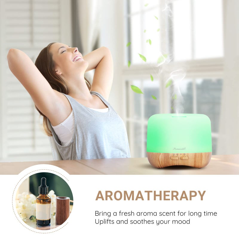 Homeweeks 300ml Essential Oil Diffuser, Quiet Aromatherapy Mist Diffusers for Essential Oils, Wood Grain, Ultrasonic, Remote Control, Timer, 7 Colors Light for Bedroom (300ml) - Image 3