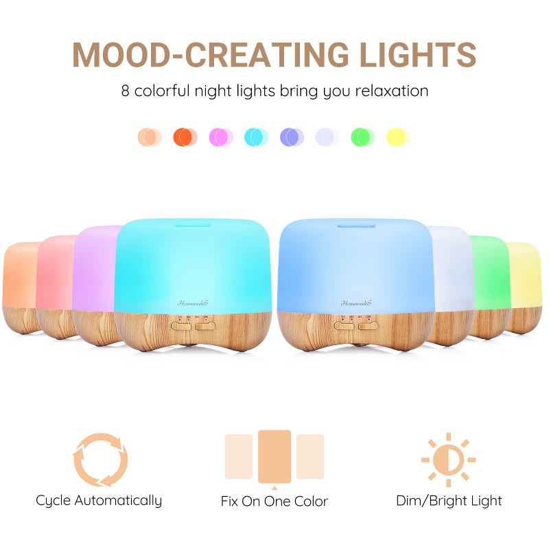 Homeweeks 300ml Essential Oil Diffuser, Quiet Aromatherapy Mist Diffusers for Essential Oils, Wood Grain, Ultrasonic, Remote Control, Timer, 7 Colors Light for Bedroom (300ml) - Image 5