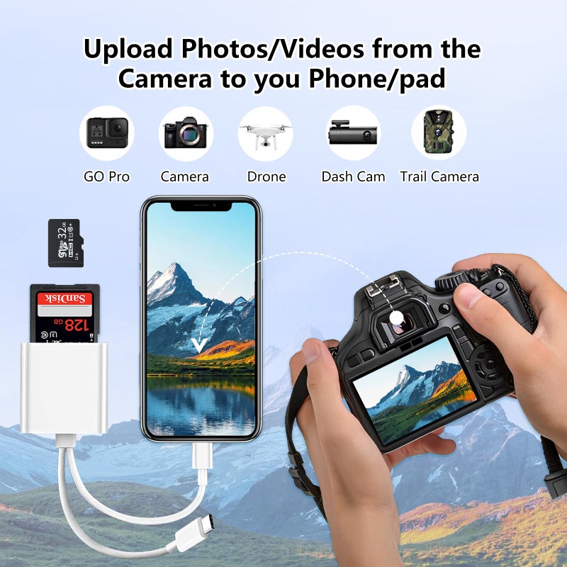 MaxRenard SD Card Reader for iPhone,Dual-Port Micro SD Card Reader USB C & L,Micro SD Card Adapter,Digital Camera to iPhone Compatible Memory Card Reader Supports SD,SDHC,SDXC,Micro SD/SDHC/SDXC Cards - Image 4
