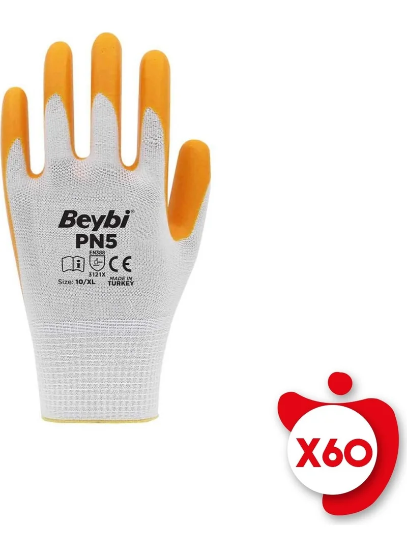 Beybi Pn5 Yellow Polyester Knitted Nitrile Work Gloves Size 10 60 Pairs