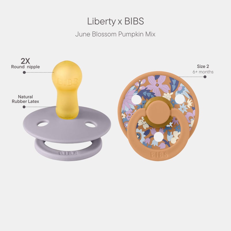 BIBS Colour Liberty Soother 2-Pack, BPA Free Dummy Pacifier, Round Nipple. Natural Rubber Latex, Made in Denmark, Size 2 (6-18 Months), June Blossom Pumpkin Mix - Image 2