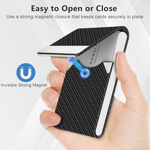 GOWALL Black Carbon Business Card Holder with Magnetic Closure, Slim Metal PU Business Card Case for Men Women, 3.7 x 2.3 inches RFID Blocking Credit Cards Holder for Pocket or Bag Storage - Image 2