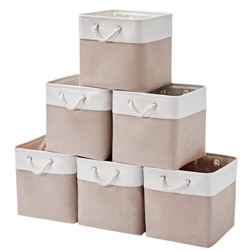 MidmmVick 12 x 12 Inch Cube Storage Bins, 6 Pack Large Collapsible Fabric Storage Bin with Ropes, Foldable Storage Cubes for Home, Office,Closet, Clothes, Toys Organizer (White & Beige) - Image 1