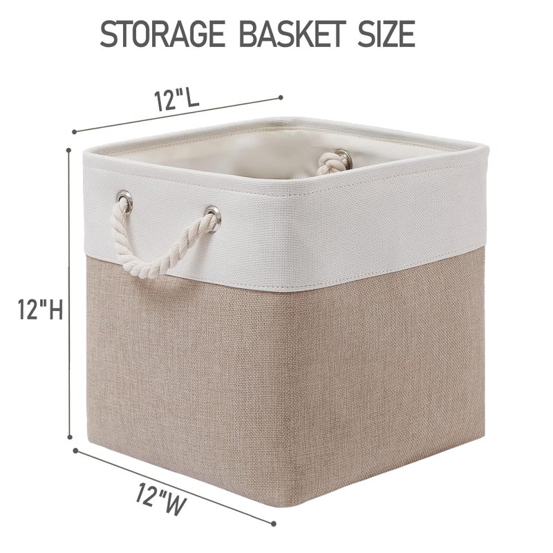 MidmmVick 12 x 12 Inch Cube Storage Bins, 6 Pack Large Collapsible Fabric Storage Bin with Ropes, Foldable Storage Cubes for Home, Office,Closet, Clothes, Toys Organizer (White & Beige) - Image 4