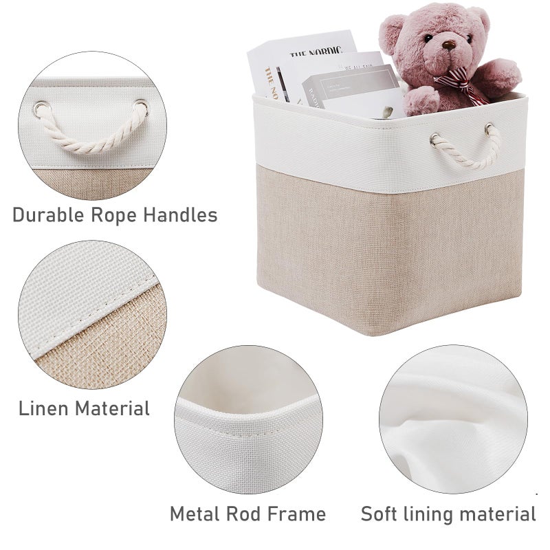 MidmmVick 12 x 12 Inch Cube Storage Bins, 6 Pack Large Collapsible Fabric Storage Bin with Ropes, Foldable Storage Cubes for Home, Office,Closet, Clothes, Toys Organizer (White & Beige) - Image 5
