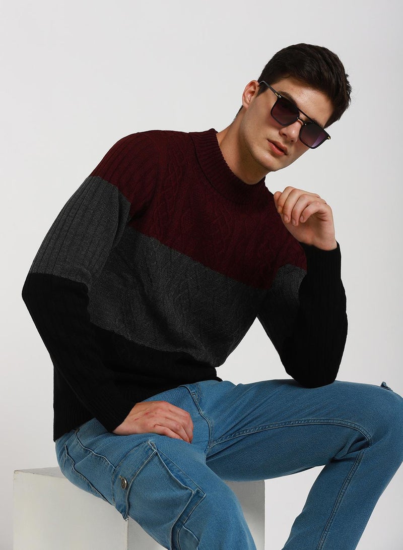 Dennis Lingo Maroon Regular Fit Sweater for Men - 100% Acrylic, Colourblocked, Turtle Neck, Full Sleeves, Casual  - Image 1