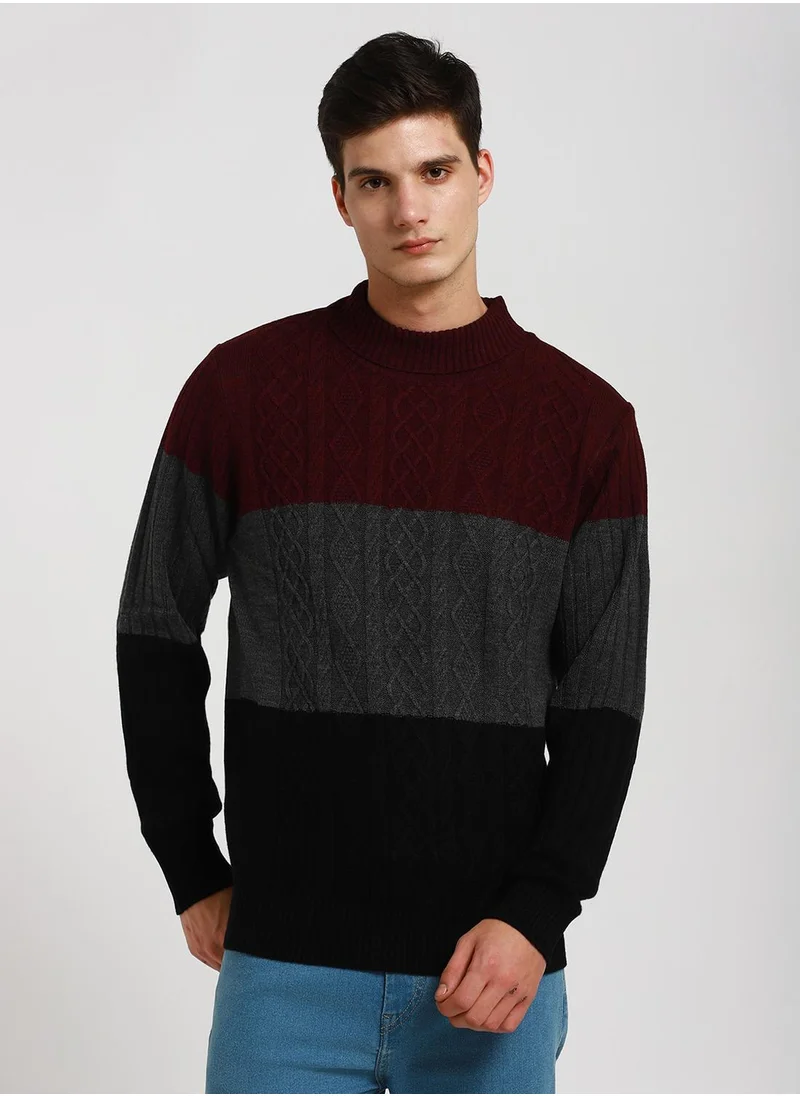 دينيس لينغو Maroon Regular Fit Sweater for Men - 100% Acrylic, Colourblocked, Turtle Neck, Full Sleeves, Casual