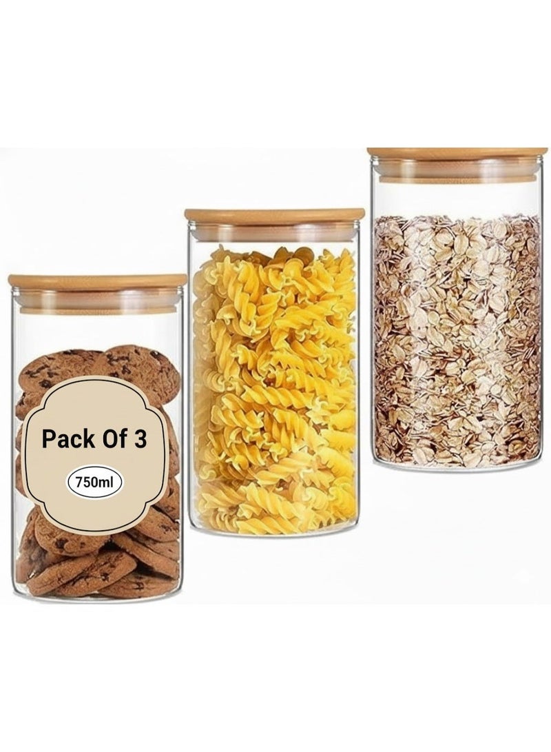 Glass Food Storage Container (Pack Of 3) with Bamboo Lid, 750ML High Borosilicate Glass Canister, Airtight Kitchen Jar for Coffee, Sugar, Flour, Cookies - Image 1