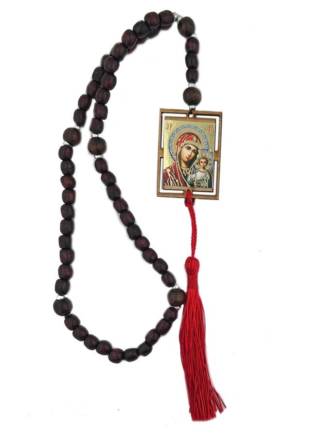 نيدزو مسبحة كاثوليكية من خرز خشبي، طولها 16.5 بوصة، مصنوعة يدويًا في أوكرانيا، ذات وجهين، تحمل أيقونة سيدة قازان ويسوع المسيح المعلم البيزنطية. - Image 1