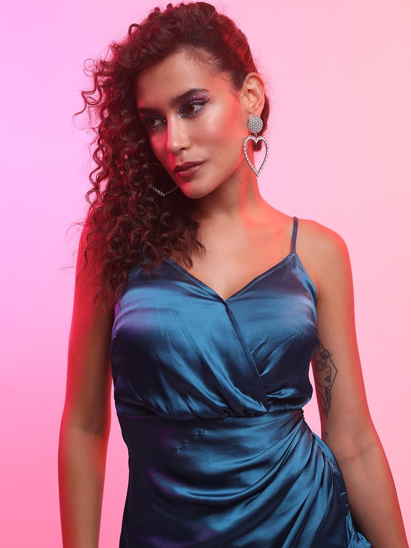 Tokyo Talkies Teal Blue Shoulder Straps Satin Sheath Dress - Image 3