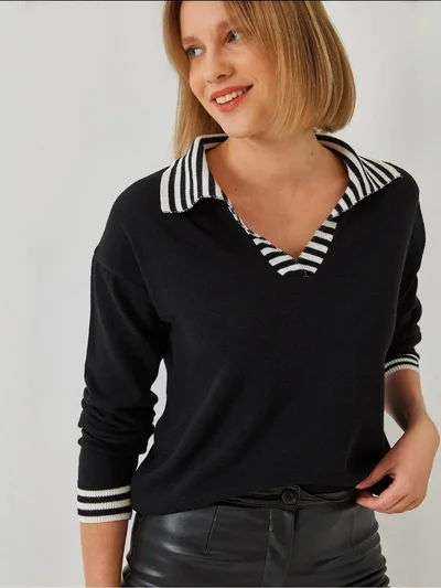 Bianco Lucci LUCCI Striped Knitwear Sweater with Shirt Collar