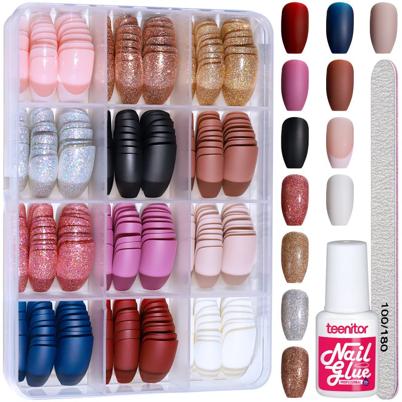 Teenitor Press on Nails,Teenitor 288PCS Matte Medium Length, Acrylic Fake Nails Full Cover, Ballerina Coffin Press on Nails,Glitter Press On False Nails - Image 2