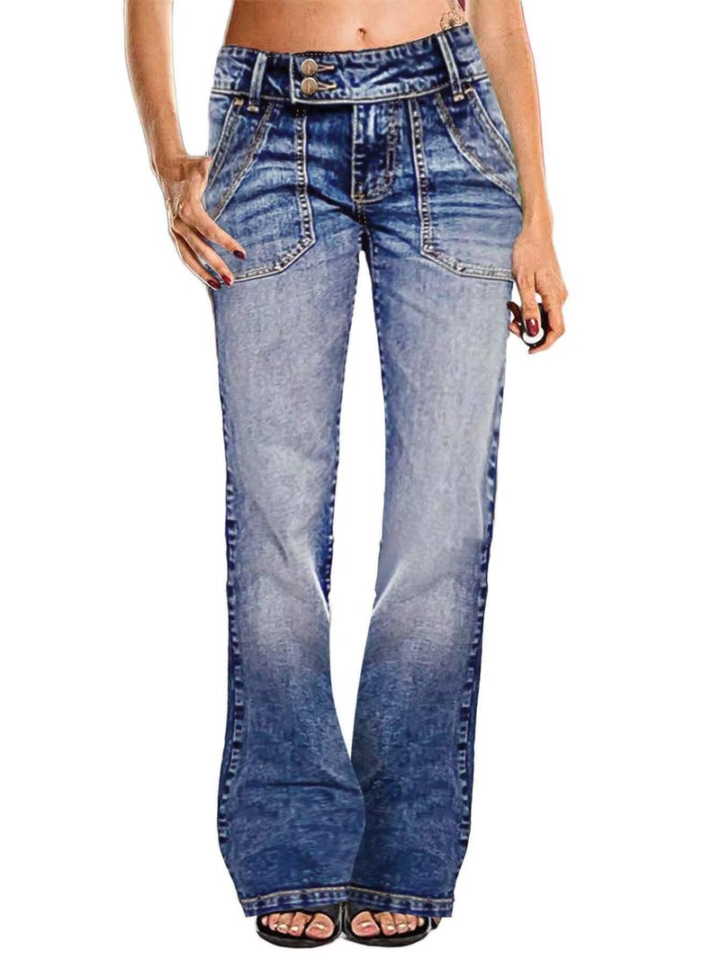 Flamingals Wide Leg Jeans for Women Low Rise Baggy Stretchy Straight Leg Bootcut Denim Pants Blue S - Image 1