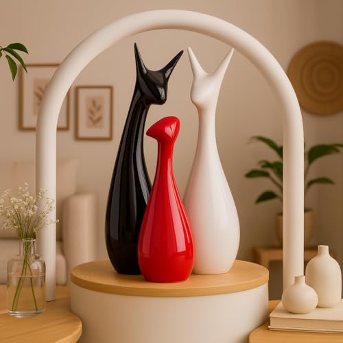 Xtore® Home Decor Lucky Deer Statue Family Piano Finish Ceramic Figures - (Set of 3, Red Black, White) - Image 1