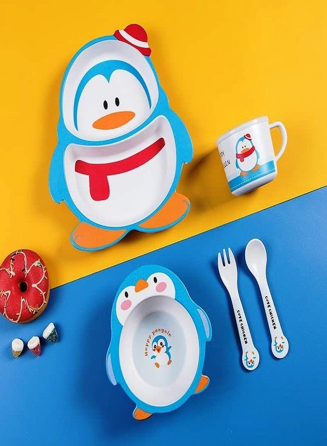 PANSHUB Penguin Bamboo Dish Set Eco Friendly Bamboo Fiber Dinner Set, 5 Pcs Tableware Crockery Set for Weaning Toddler & Self Feeding Baby Utensil Set for Baby Kids (Penguin Bamboo Fiber Dinner Set) - Image 4