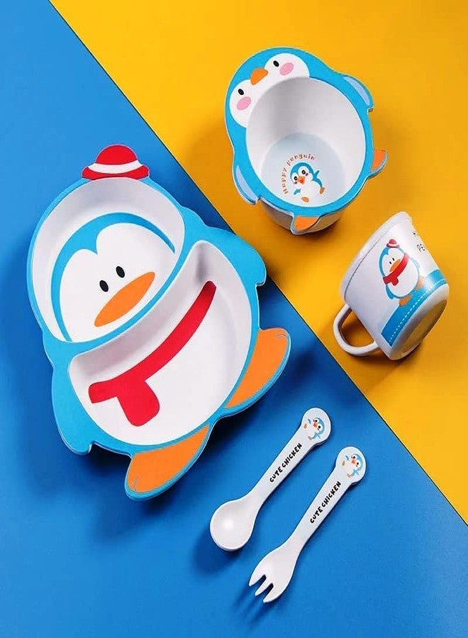 PANSHUB Penguin Bamboo Dish Set Eco Friendly Bamboo Fiber Dinner Set, 5 Pcs Tableware Crockery Set for Weaning Toddler & Self Feeding Baby Utensil Set for Baby Kids (Penguin Bamboo Fiber Dinner Set) - Image 1