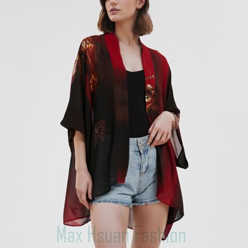 Max Hsuan Women's Loose Print Sheer Chiffon Kimono Beach Swim Cover up Cardigan Capes Blouse Tops - Image 3