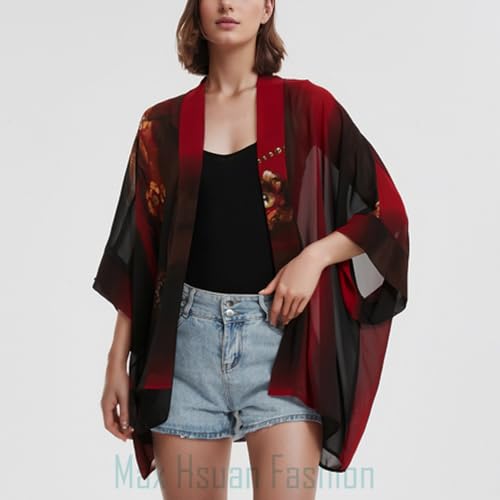 Max Hsuan Women's Loose Print Sheer Chiffon Kimono Beach Swim Cover up Cardigan Capes Blouse Tops - Image 2