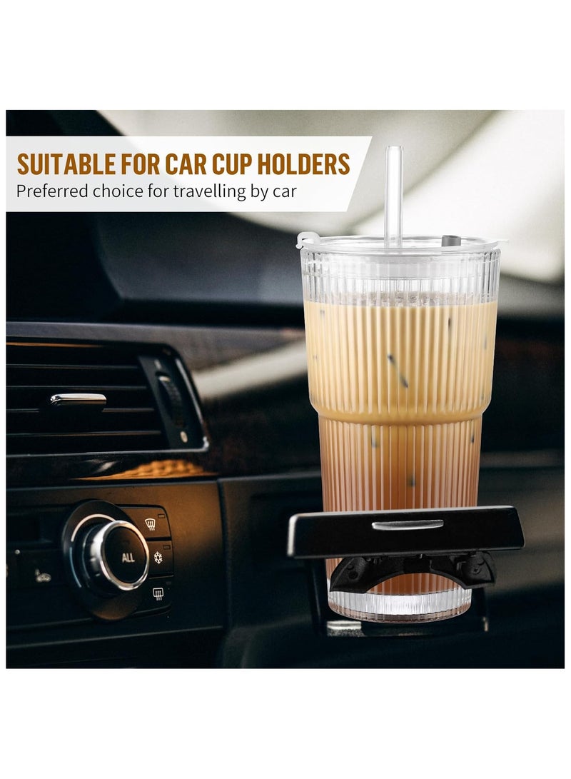 آنا كوب زجاجي عالي السعة بسماكة جيدة، مزود بغطاء وقشة، بتصميم مخطط عمودي - Image 2