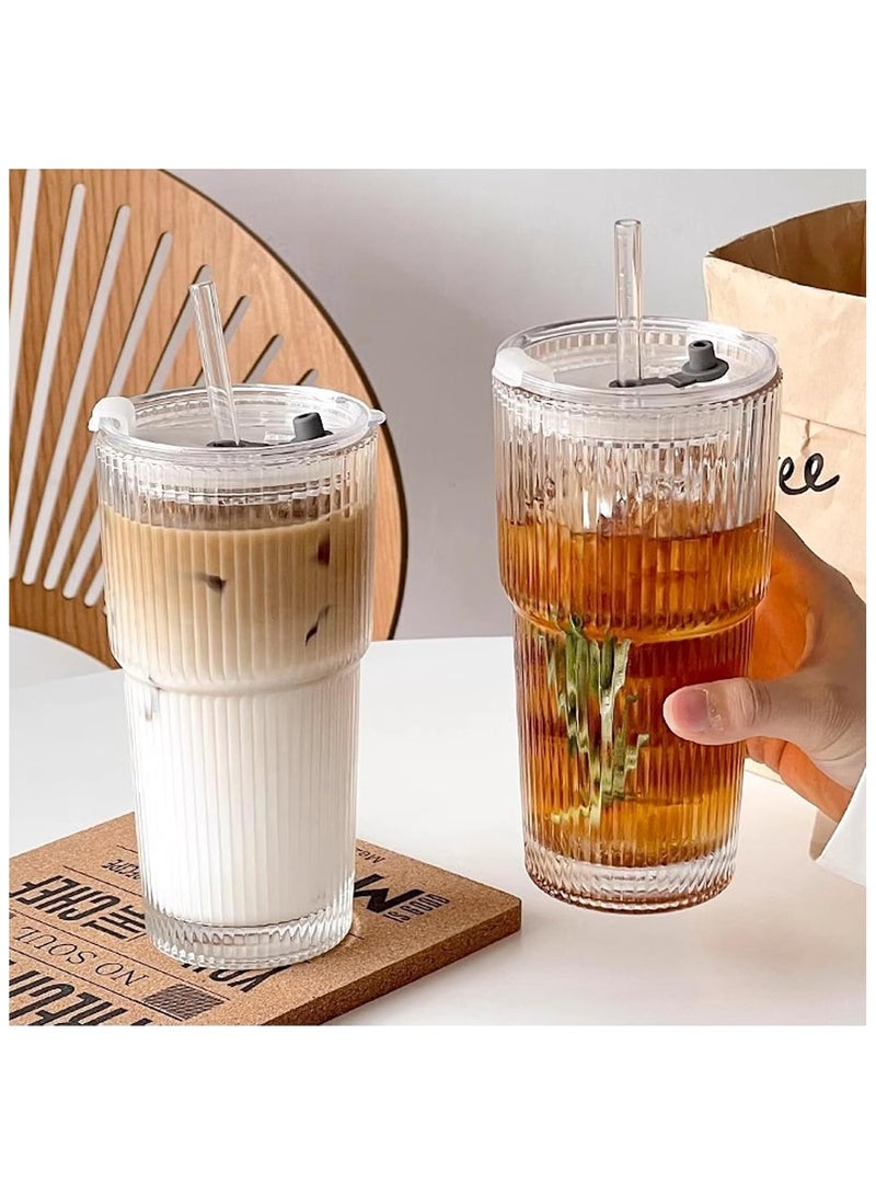 آنا كوب زجاجي عالي السعة بسماكة جيدة، مزود بغطاء وقشة، بتصميم مخطط عمودي - Image 3