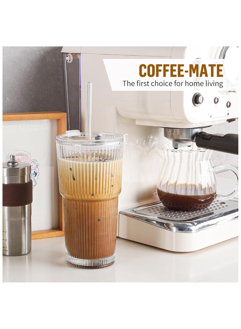 آنا كوب زجاجي عالي السعة بسماكة جيدة، مزود بغطاء وقشة، بتصميم مخطط عمودي - Image 5