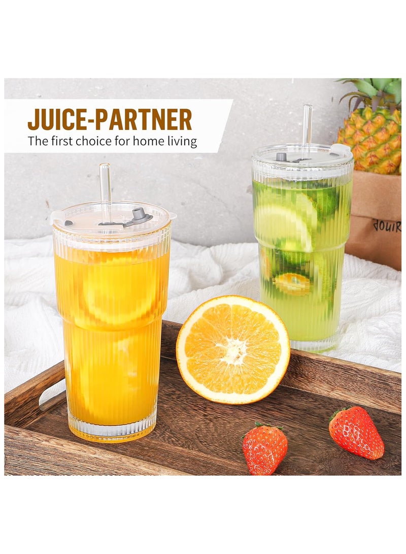 آنا كوب زجاجي عالي السعة بسماكة جيدة، مزود بغطاء وقشة، بتصميم مخطط عمودي - Image 4