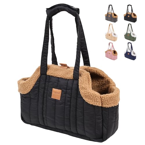 ETIAL Small Dog Carrier Purse, Winter Fleece Warm Dog Tote Bag Carrier with Secure Harness Clip for Puppy Kitten, Waterproof Pet Travel Handbag for Shopping, Hiking and Walking (Black) - Image 1