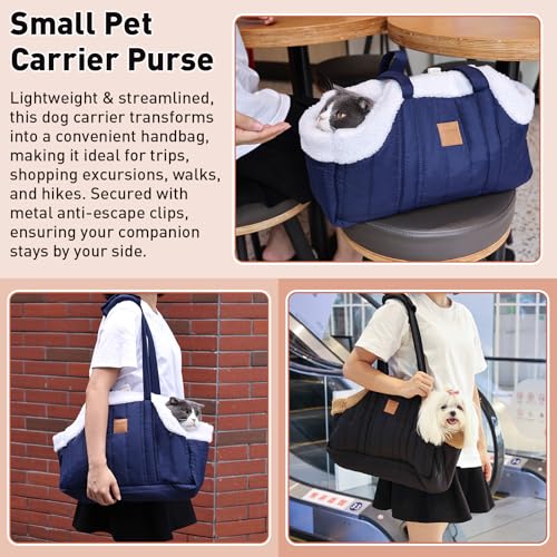 ETIAL Small Dog Carrier Purse, Winter Fleece Warm Dog Tote Bag Carrier with Secure Harness Clip for Puppy Kitten, Waterproof Pet Travel Handbag for Shopping, Hiking and Walking (Black) - Image 5