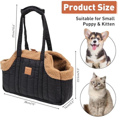ETIAL Small Dog Carrier Purse, Winter Fleece Warm Dog Tote Bag Carrier with Secure Harness Clip for Puppy Kitten, Waterproof Pet Travel Handbag for Shopping, Hiking and Walking (Black) - Image 2