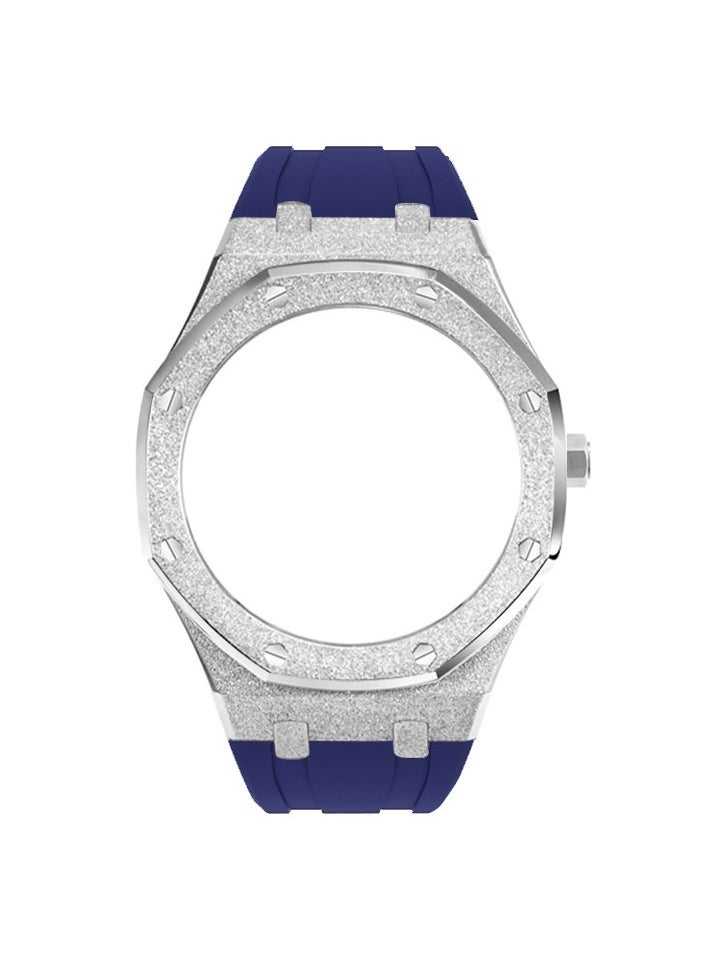 AROAQ GA2100 Metal Watch Band Case Replacement Kit, Stainless Steel Strap Bezel Accessories, Frosted Surface Stainless Steel Bracelet Case Mod For Shock (Frost silver shell blue tape)  - Image 1