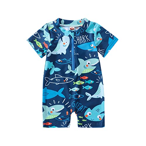Nicoxijia Baby Boy Swimsuit Infant Rash Guard Swimwear One Piece Short Sleeve Zipper Swimwear Sun Protection Bathing Suit (Blue, 0-3 Months) - Image 1