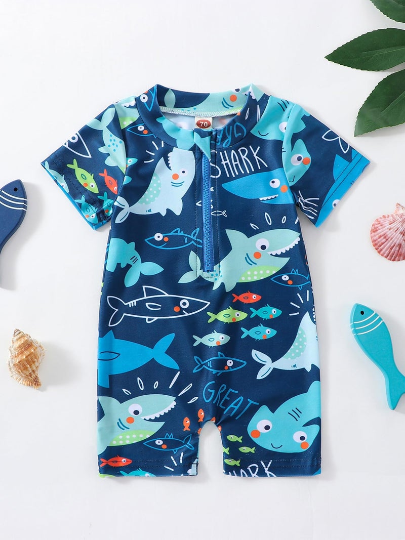 Nicoxijia Baby Boy Swimsuit Infant Rash Guard Swimwear One Piece Short Sleeve Zipper Swimwear Sun Protection Bathing Suit (Blue, 0-3 Months) - Image 3