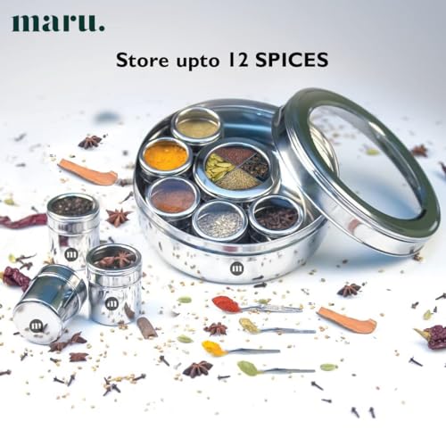 MARU Steel 12-in-1 Spice Box For Kitchen, Durable Masala Dani with Middle Partition Container & See- Through Lids, Stylish Anjarai Petti, Elegant Kitchen Storage Masala box - Image 3