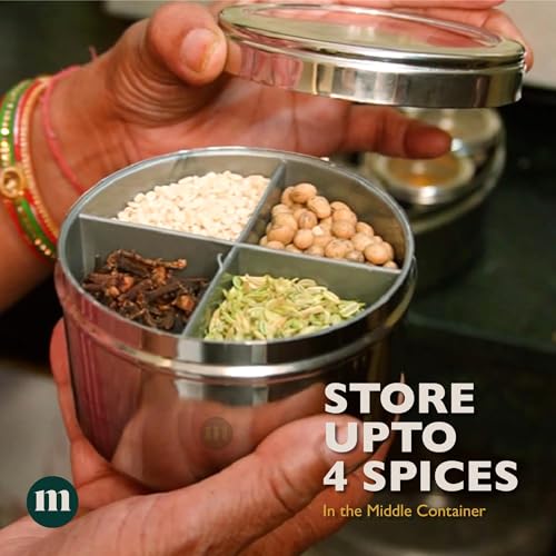MARU Steel 12-in-1 Spice Box For Kitchen, Durable Masala Dani with Middle Partition Container & See- Through Lids, Stylish Anjarai Petti, Elegant Kitchen Storage Masala box - Image 4