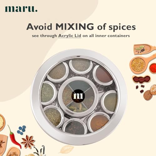MARU Steel 12-in-1 Spice Box For Kitchen, Durable Masala Dani with Middle Partition Container & See- Through Lids, Stylish Anjarai Petti, Elegant Kitchen Storage Masala box - Image 5