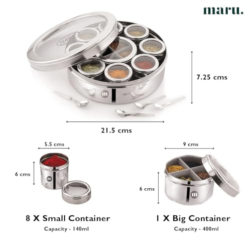 MARU Steel 12-in-1 Spice Box For Kitchen, Durable Masala Dani with Middle Partition Container & See- Through Lids, Stylish Anjarai Petti, Elegant Kitchen Storage Masala box - Image 2