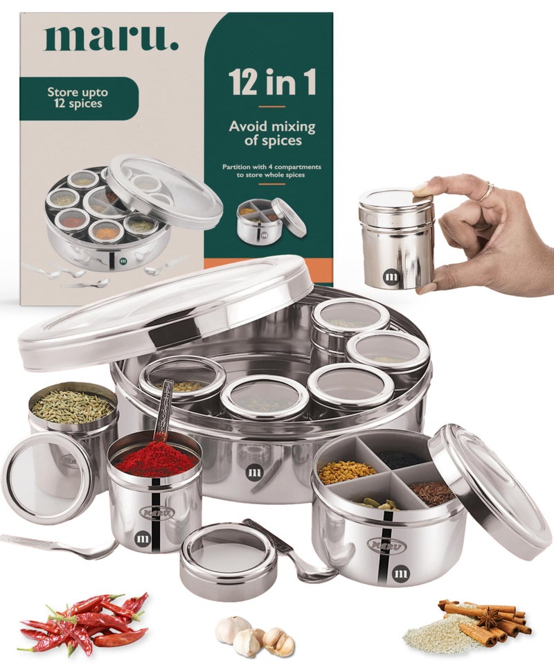 MARU Steel 12-in-1 Spice Box For Kitchen, Durable Masala Dani with Middle Partition Container & See- Through Lids, Stylish Anjarai Petti, Elegant Kitchen Storage Masala box - Image 1