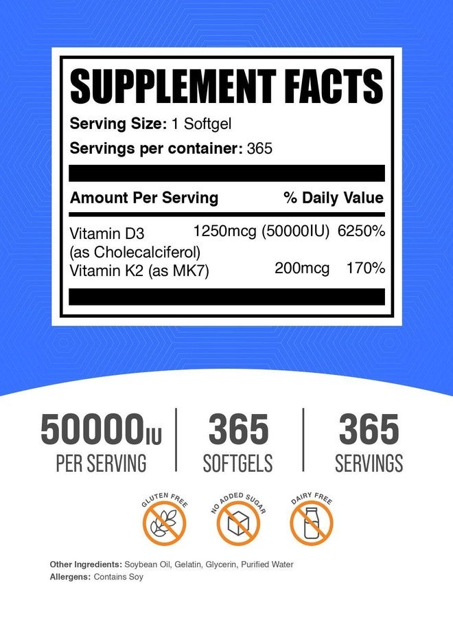 BulkSupplements.com Vitamin D3 50,000IU + Vitamin K2 200mcg Softgels - 365 Count (Pack of 1) - Image 2