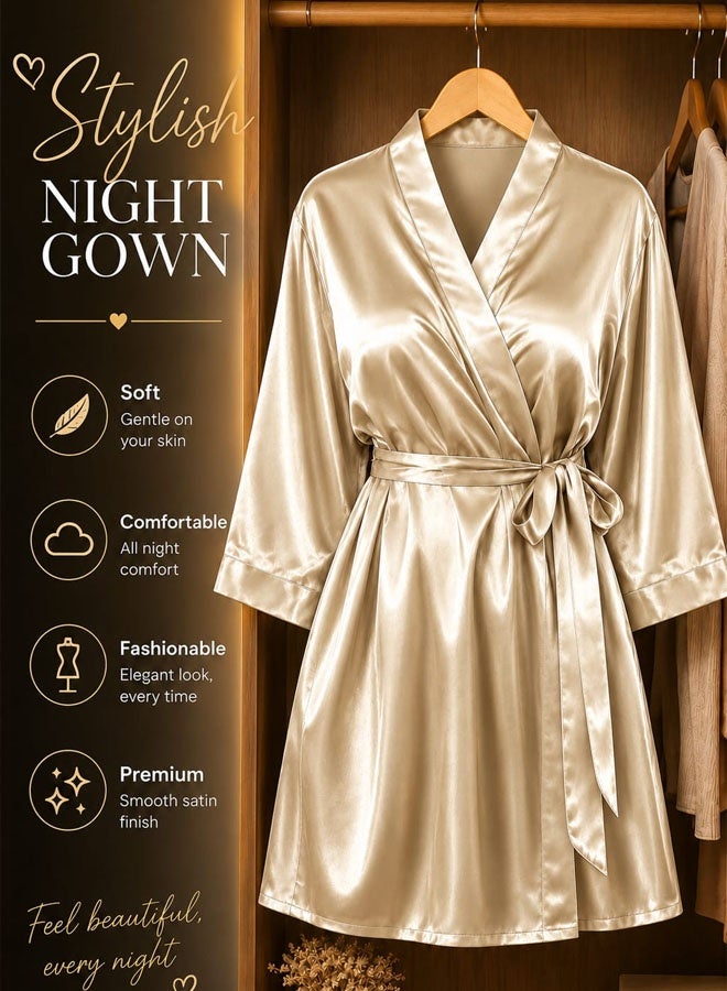 MARGOUN Women's XL/2XL Size Pure Short Satin Robes Bridesmaid and Bride Silky Robes Sleepwear Soft Dressing Gown Bride Pajamas Morning Robe Mid-Length Nightdress Golden - Image 2