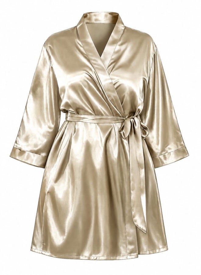 MARGOUN Women's XL/2XL Size Pure Short Satin Robes Bridesmaid and Bride Silky Robes Sleepwear Soft Dressing Gown Bride Pajamas Morning Robe Mid-Length Nightdress Golden - Image 3