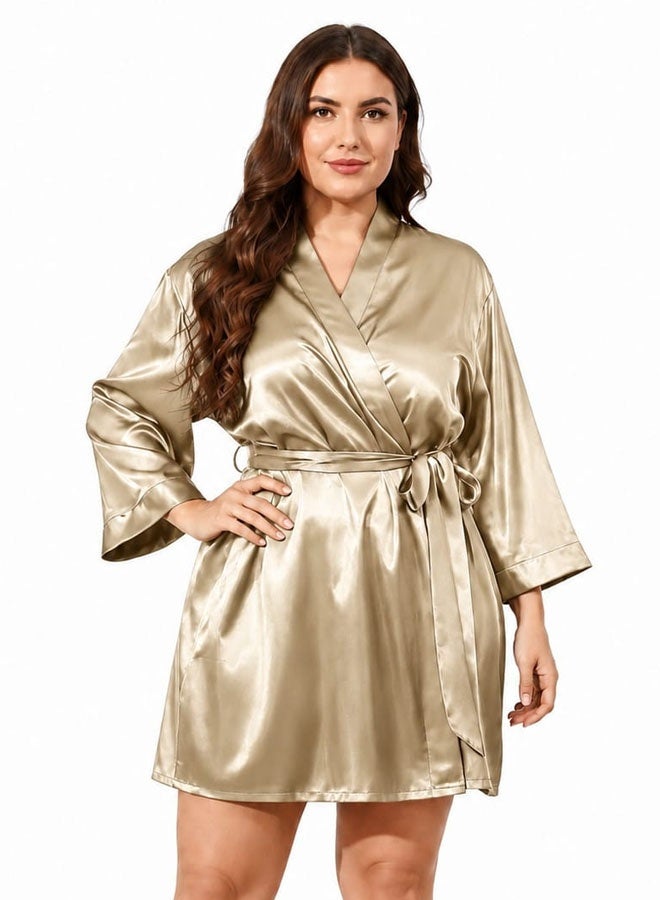 MARGOUN Women's XL/2XL Size Pure Short Satin Robes Bridesmaid and Bride Silky Robes Sleepwear Soft Dressing Gown Bride Pajamas Morning Robe Mid-Length Nightdress Golden - Image 1