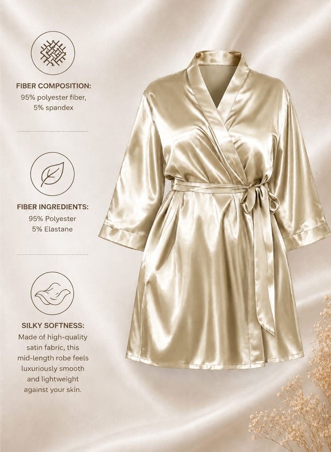 MARGOUN Women's XL/2XL Size Pure Short Satin Robes Bridesmaid and Bride Silky Robes Sleepwear Soft Dressing Gown Bride Pajamas Morning Robe Mid-Length Nightdress Golden - Image 5