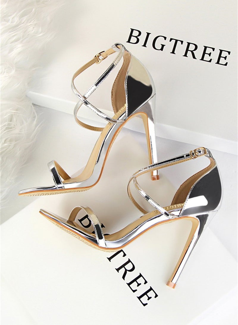 BIGTREE 11cm European And American Fashion Summer High Heels With Hollowed Out Cross Straps gold/silver - Image 2