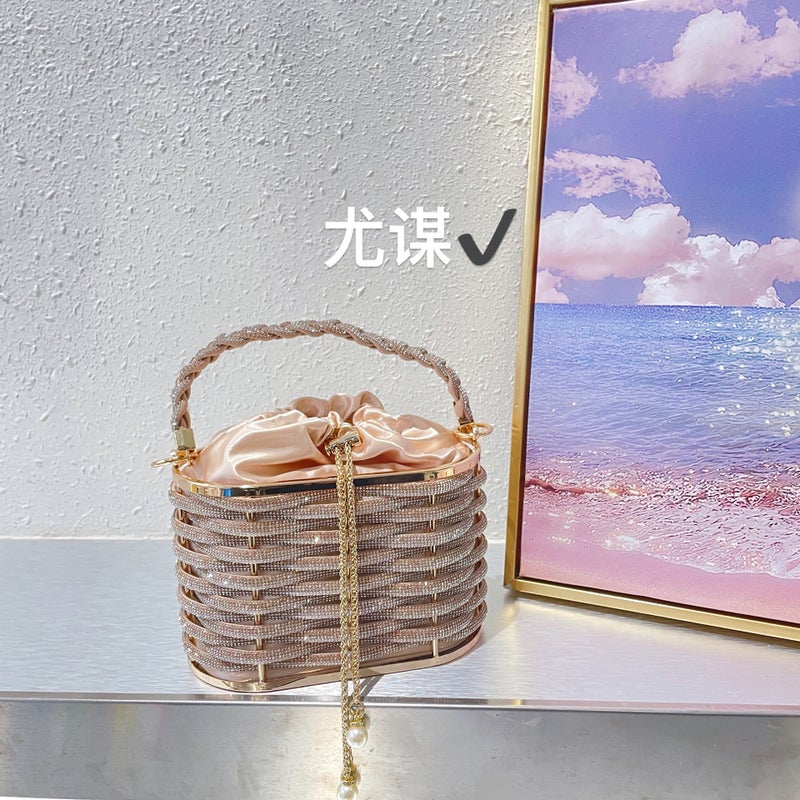 Metal Hollow Shiny Colorful Rhinestone Vegetable Basket Bird Cage Bag Banquet Diamond Bucket Bag Clutch Messenger Bag - Image 1