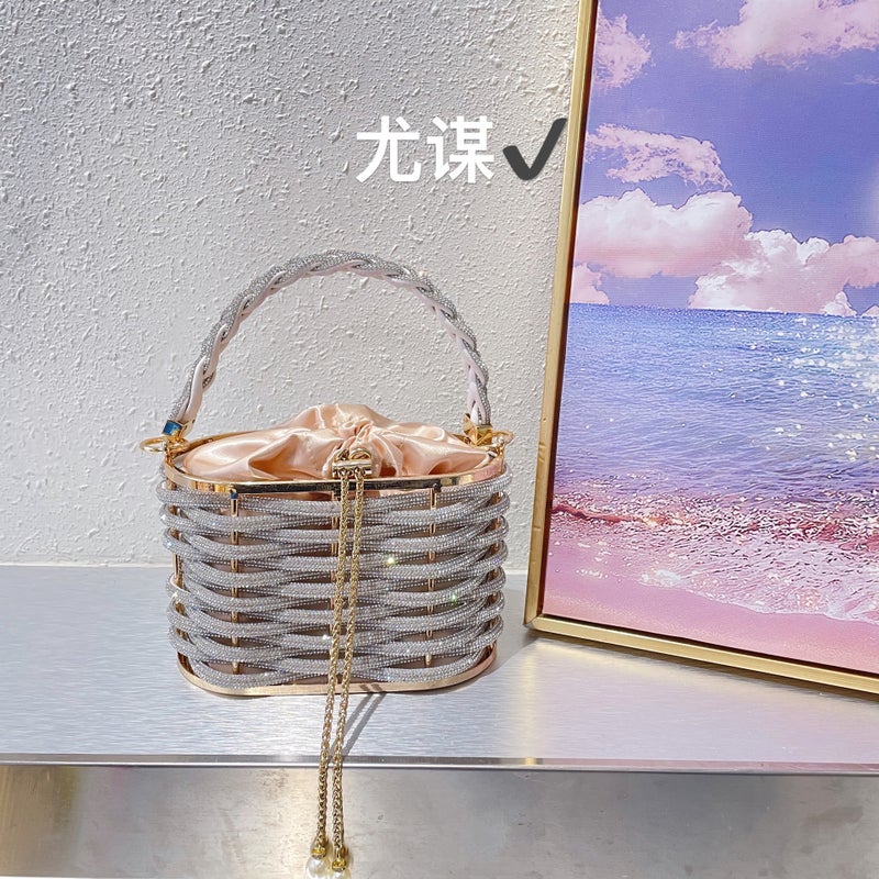 Metal Hollow Shiny Colorful Rhinestone Vegetable Basket Bird Cage Bag Banquet Diamond Bucket Bag Clutch Messenger Bag - Image 2