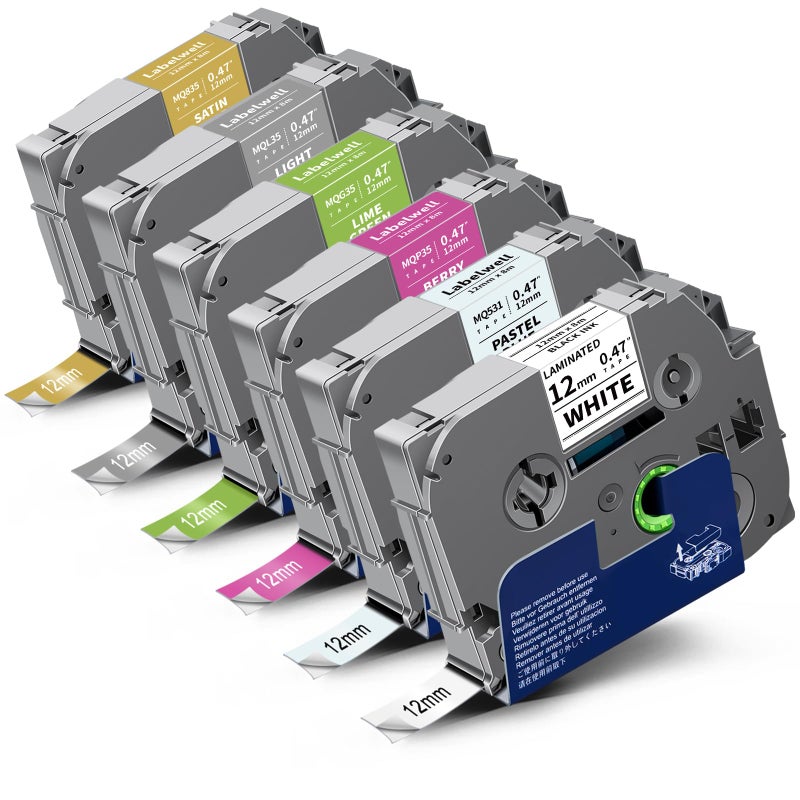 Labelwell 6-Pack Compatible TZe Label Tape 12mm 0.47 Laminated Multi-Color TZe-335 535 635 735 MQP35 MQG35 TZe-231 TZ Tape for PT-H110 D210 D220 D400, Black/Blue/Yellow/Green/Pink/Lime Green - Image 1