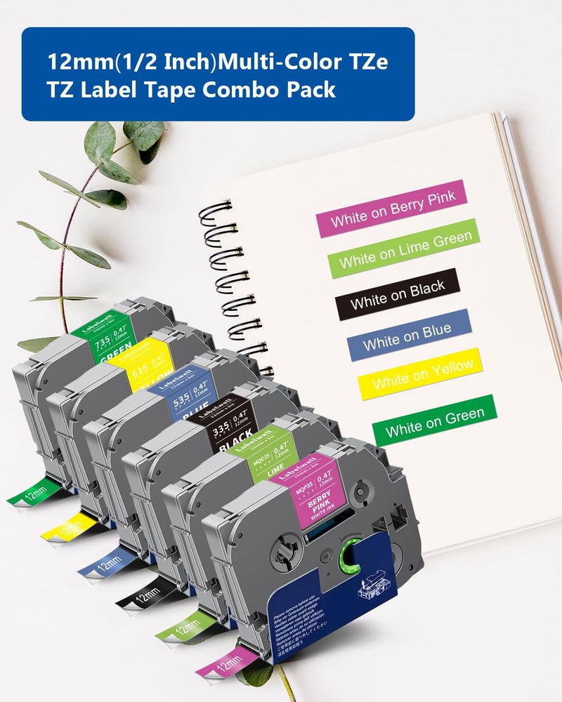 Labelwell 6-Pack Compatible TZe Label Tape 12mm 0.47 Laminated Multi-Color TZe-335 535 635 735 MQP35 MQG35 TZe-231 TZ Tape for PT-H110 D210 D220 D400, Black/Blue/Yellow/Green/Pink/Lime Green - Image 2